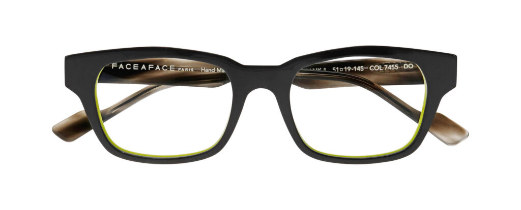 Face a Face Frank 1 in Grey Yellow Anis, black with a thin green inner line and horn-effect arms
