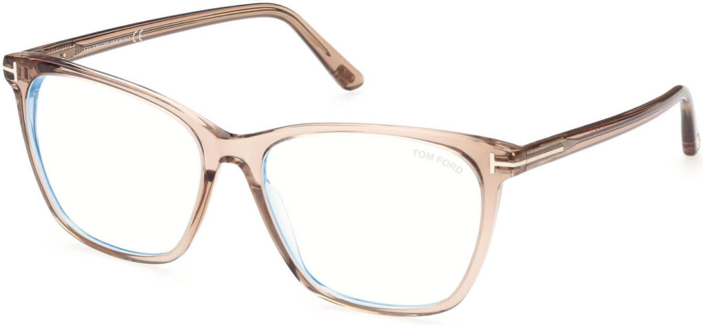 Tom Ford FT5762-B in Shiny Rose Champagne, a translucent beige-pink square frame