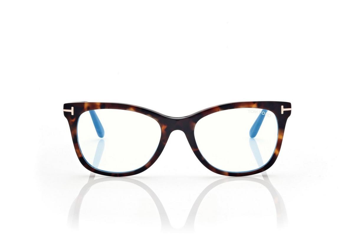 FT5986-B_052_52MM_A.jpg Tom Ford FT5986-B Blue Block Square Opticals in Dark Havana (052), front