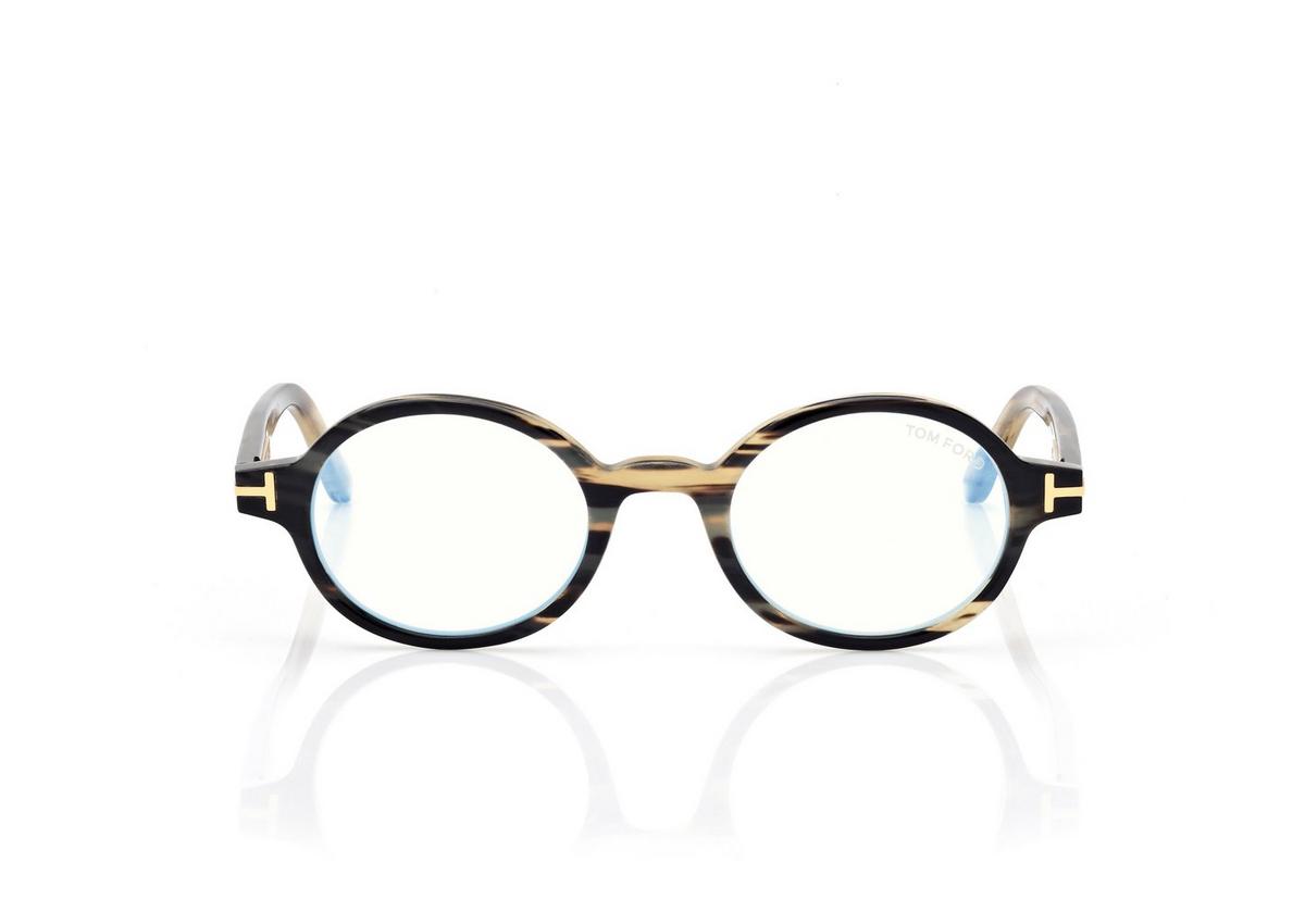 FT6107-PB_062_46MM_A.jpg Tom Ford FT6107-PB Round Horn Blue Block Opticals in Green Horn (062), front