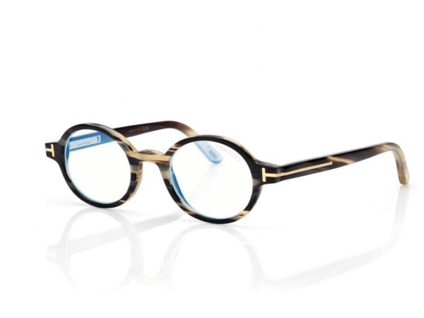 Tom Ford FT6107-PB Round Horn Blue Block Opticals in Green Horn (062), side view