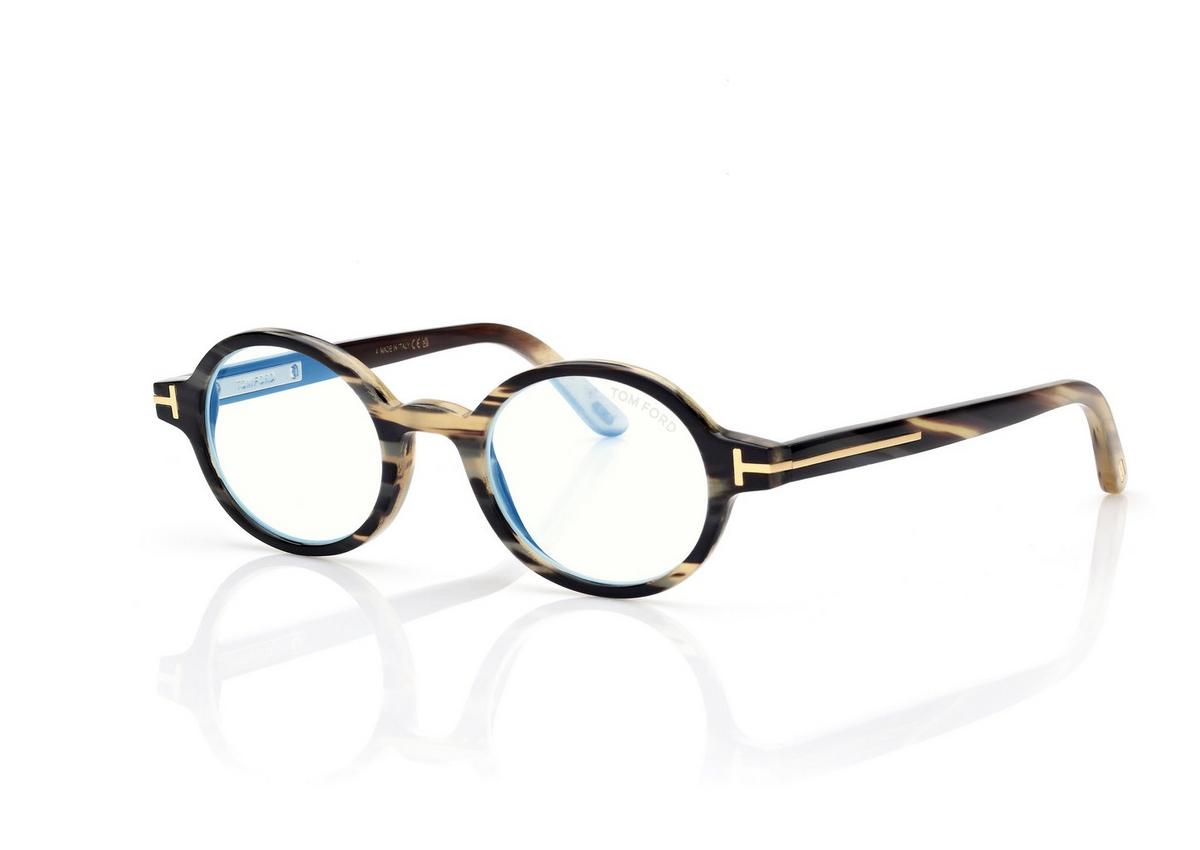 FT6107-PB_062_46MM_B.jpg Tom Ford FT6107-PB Round Horn Blue Block Opticals in Green Horn (062), side view