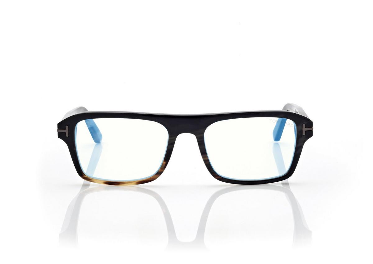 FT6108-PB_062_54MM_A.jpg Tom Ford FT6108-PB Horn Rectangular Blue Block Opticals in Green Horn (062), front