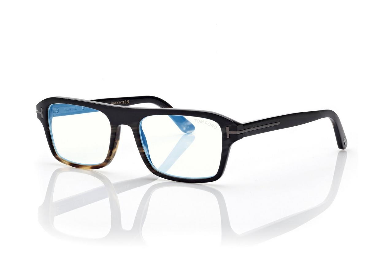 FT6108-PB_062_54MM_B.jpg Tom Ford FT6108-PB Horn Rectangular Blue Block Opticals in Green Horn (062), side view