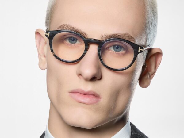 Tom Ford FT6110-PB Round Horn Blue Block Opticals in Green Horn (062), front