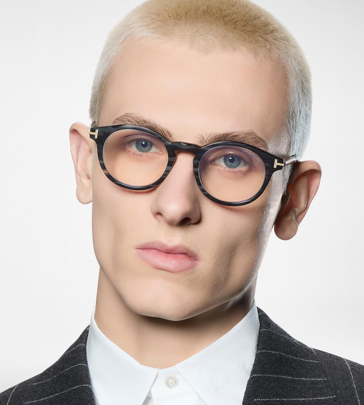 FT6110-PB_062_49MM_G.jpg Tom Ford FT6110-PB Round Horn Blue Block Opticals in Green Horn (062), front