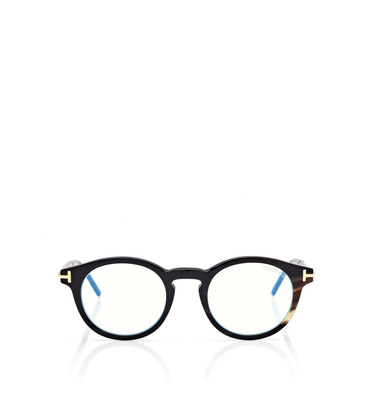 FT6110-PB_062_APPENDGRID.jpg Tom Ford FT6110-PB Round Horn Blue Block Opticals in Green Horn (062), side view